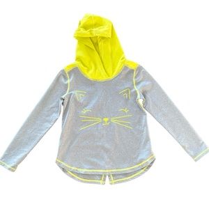 Girls Size 5 Tea Hooded Pullover, Cat, Kitty, Gray, Neon Yellow/Green